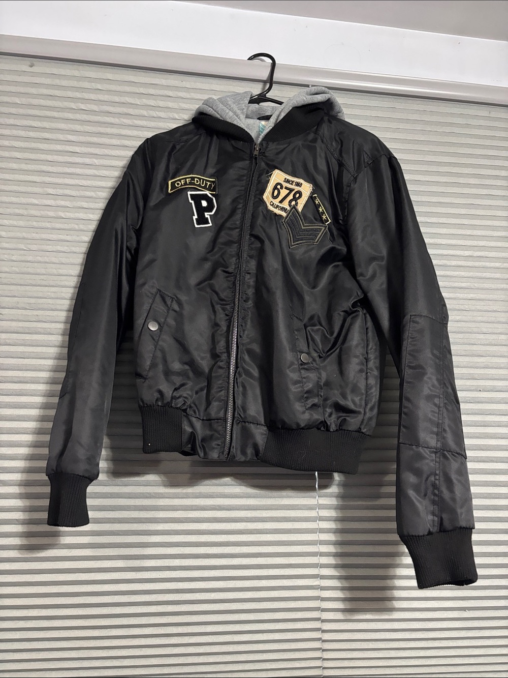 Black Bomber Jacket with Hood - Casual Patch Detail